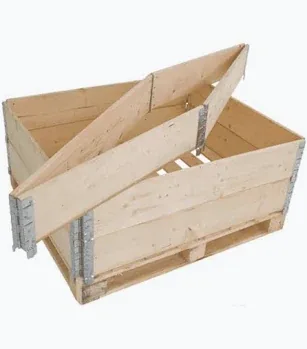 Hinged wooden pallet collar partly folded above a pallet