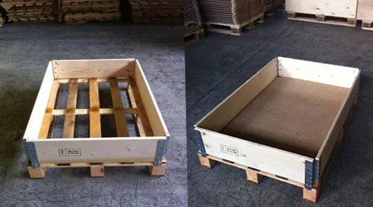 Wooden pallet collars on an open pallet and a pallet with a fitted base panel